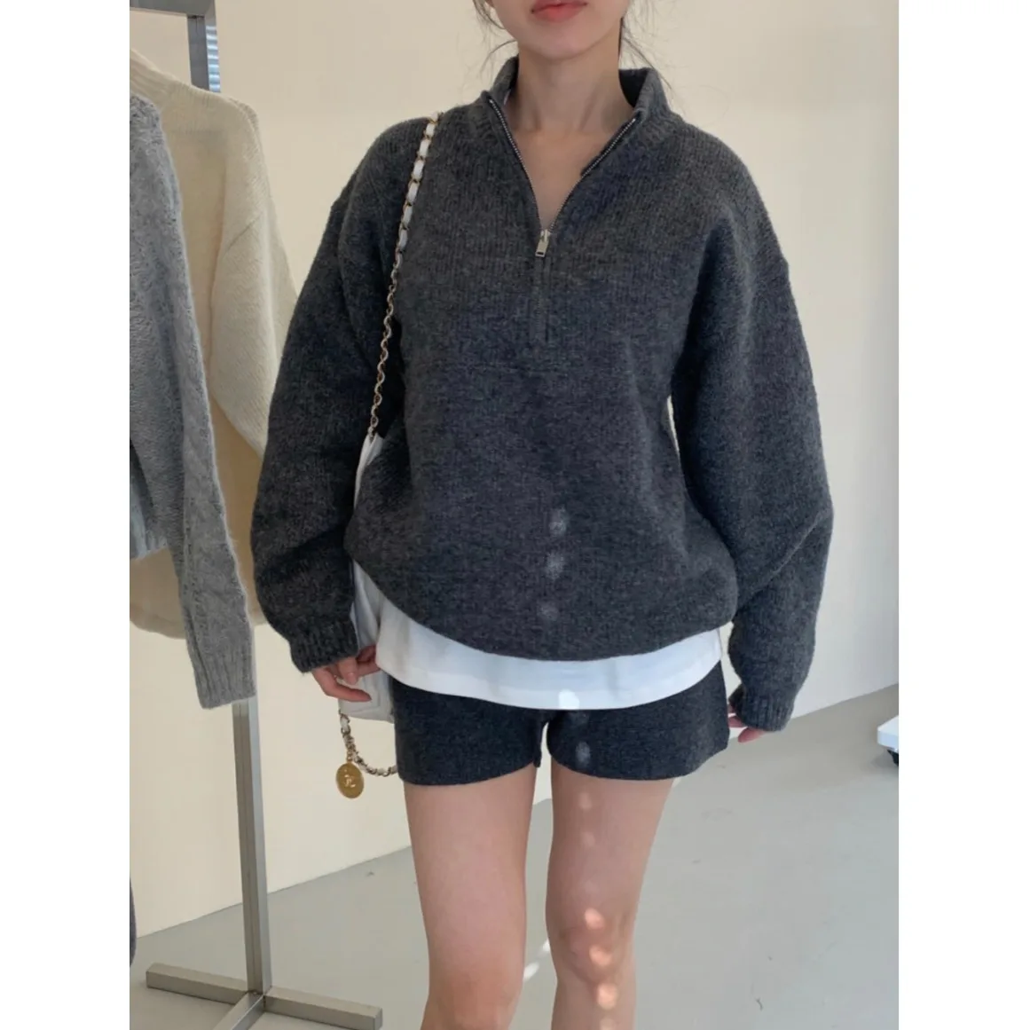 

Spring 2026 Korean Sle Chic Lazy Dstring Stand Collar Knitted ort Set Women's Loose Fit Long Sve Zipper Closure