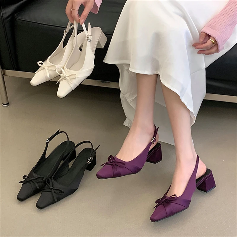 Women's Square Toe Satin Bow Decor Slingback Buckle Block Heel Pumps Elegant Office Footwear Drop Shipping Fast Ship Free Gift view 3