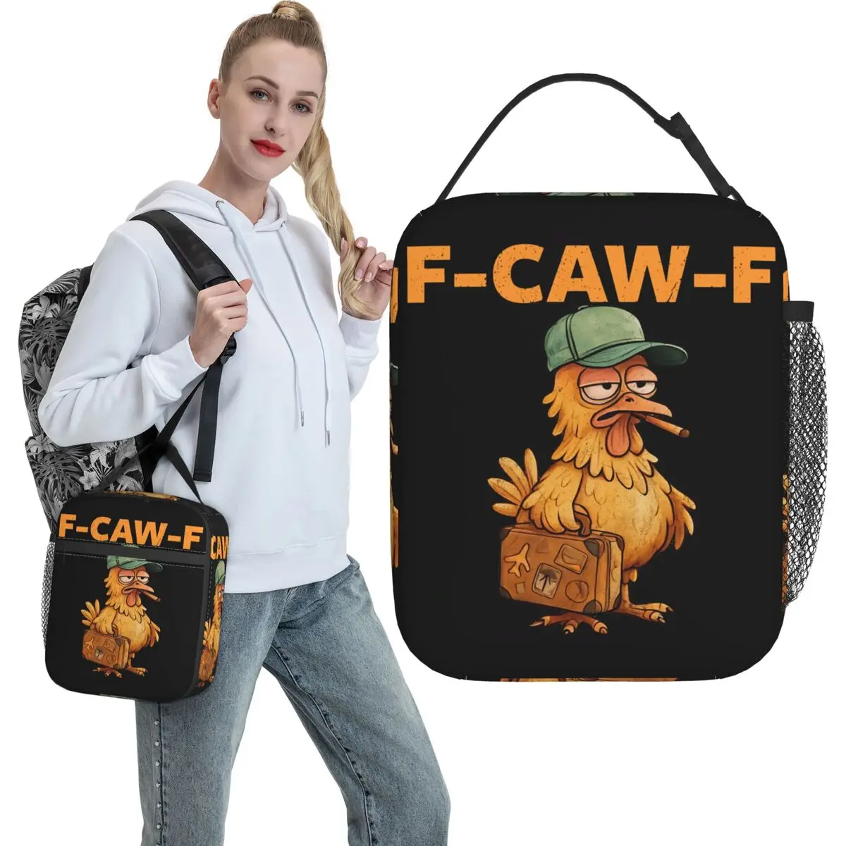 

F-Caw-F Thug Life Travel Chicken Bird Meme Сумка для обеда Портативная коробка для завтрака на молнии для взрослых Сумка-холодильник с принтом для пикника Сумки-тоут