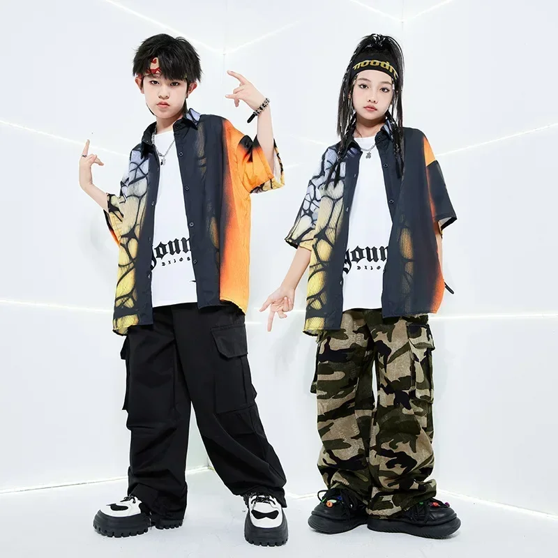 Short Sleeve Shirt Cargo Pants Street Dance Clothing Boys Girls Jazz Drum Show Stage Clothes Sets Kids Hip Hop Dance Costumes