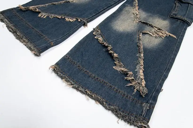 موضة المتضخم الهيب هوب الجينز السراويل مع نجمة المرقعة فضفاضة تناسب البضائع سراويل جينز عالية الخصر فضفاض جان قيعان