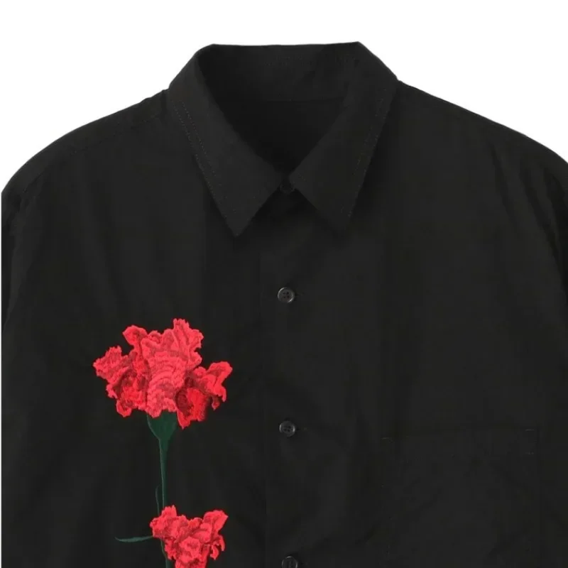 Dianthus Caryophyllus Embroidery Print Shirt Dark Yohji Style Homme Men Shirts for Man'S Clothing Unisex Shirt for Women