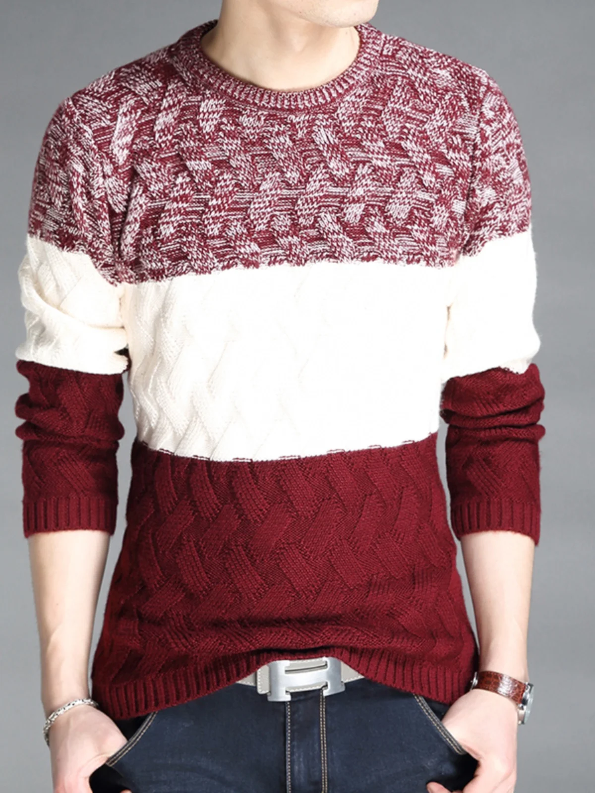 패셔너블한 니트 긴팔 라운드넥 풀오버 스웨터 남성용 슬림핏 컬러 블록 디자인 가을 겨울 캐주얼 탑