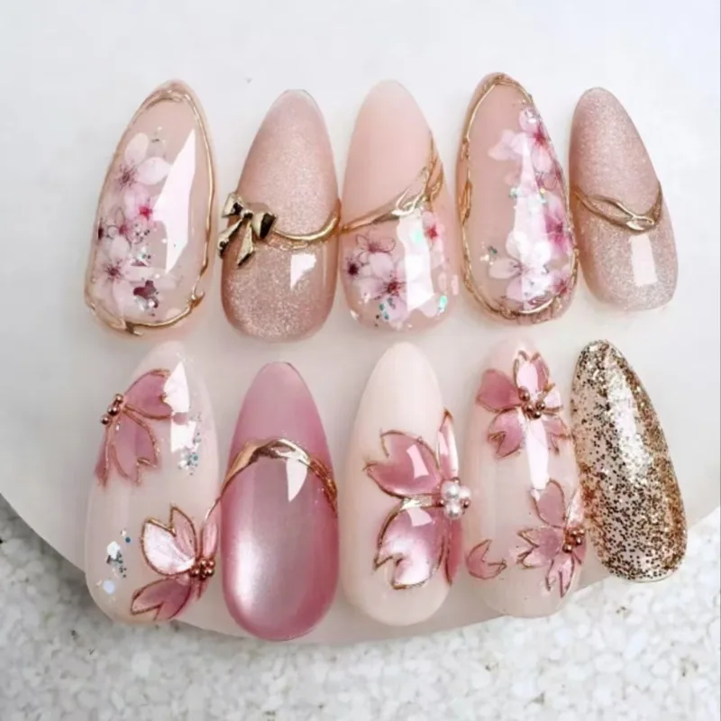 

24 Pcs Cat Eye False Nails Flower Sweet Press on Nails with Design Mid-Length Almonds Cheap Acrylic Nails Press on With Charms