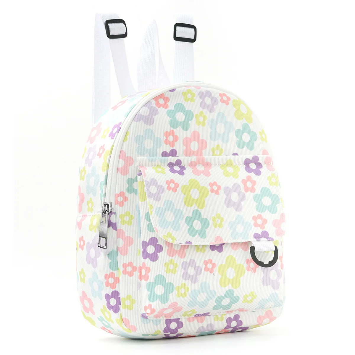 Striped corduroy women's small backpack with colorful flowers, for outdoor travel, portable, double-shoulder bag