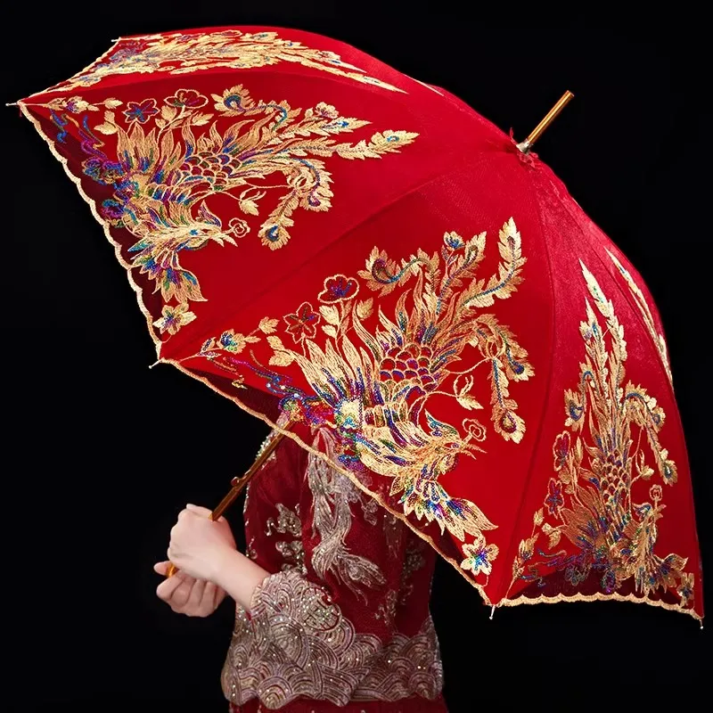 Wedding Red Umbrella Bridal Chinese Style Wedding Gifts (One Click Umbrella Opening) Exquisite Embroidery