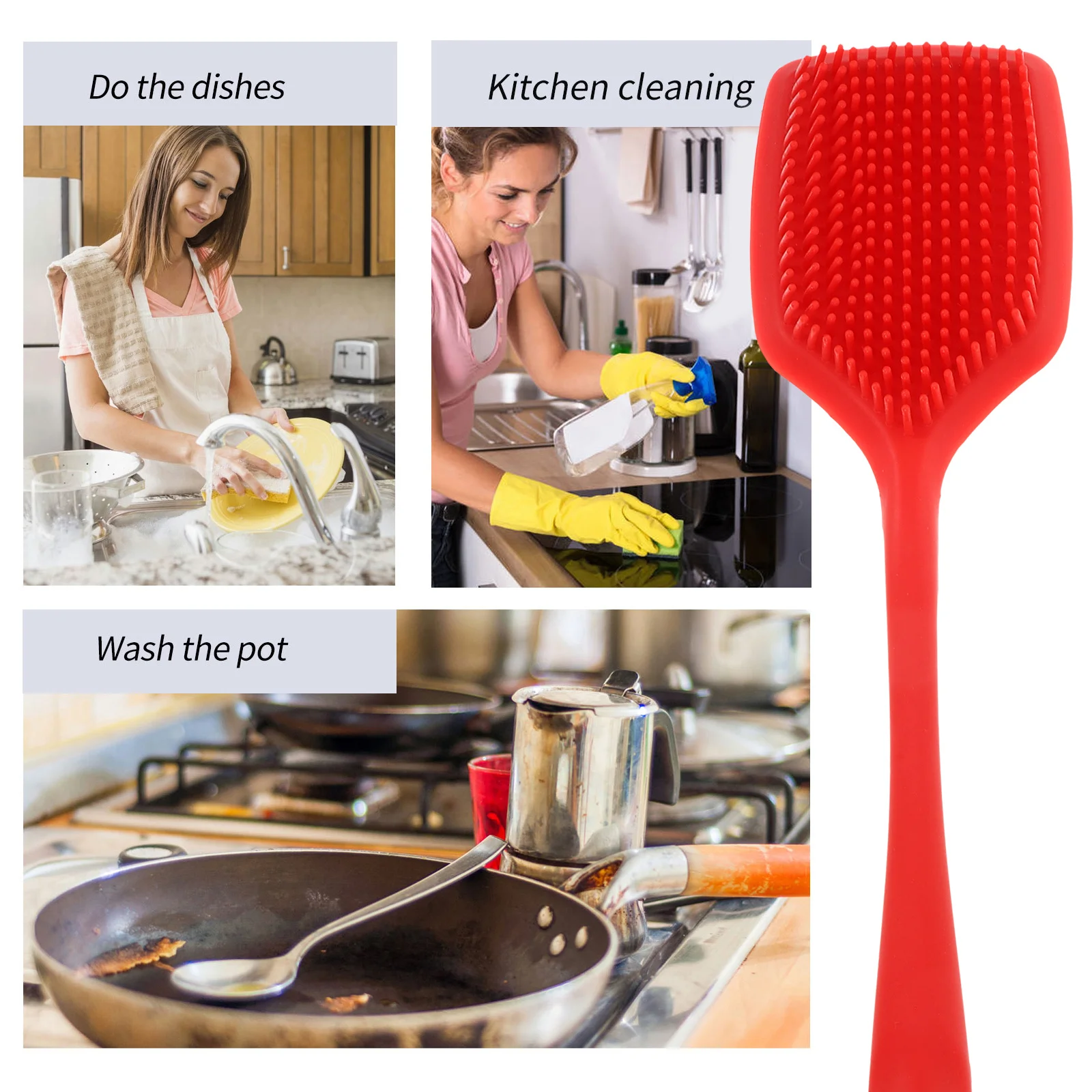 فرشاة تنظيف السيليكون شديدة التحمل ومقاومة للزيت ومقبض طويل لتنظيف المطبخ