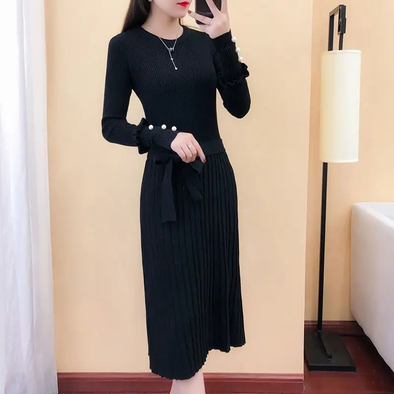 2023 New Dress Women\'s Woolen Dress Autumn Bottom Woolen Dress Mid Length Thin Waist Knitted Dress Women Dress