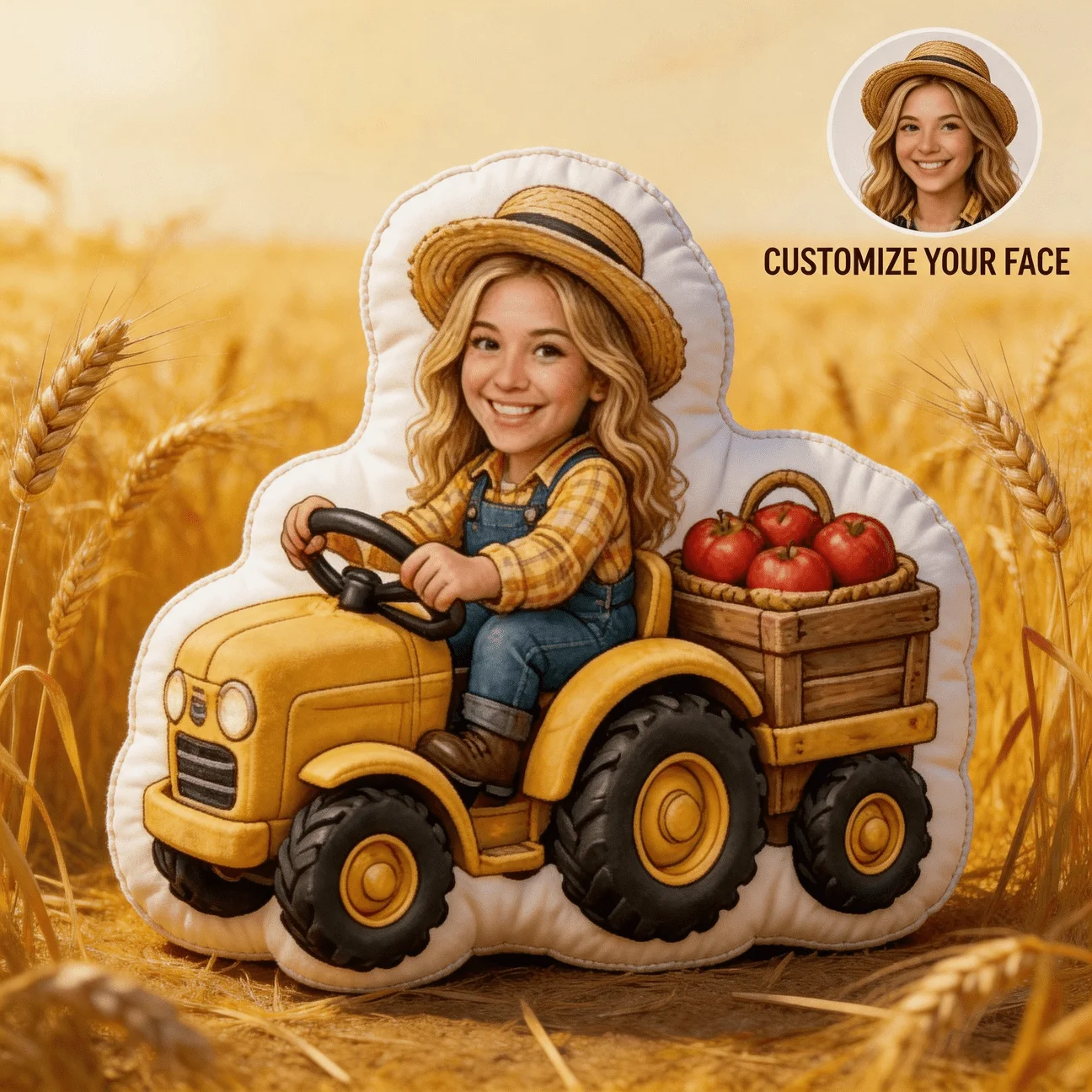 Custom Personalized Photo Face Pillow, Farmer Style Tractor Ride Custom Shaped Decorative Cushion, 70CM Home Decor Accent Pillow