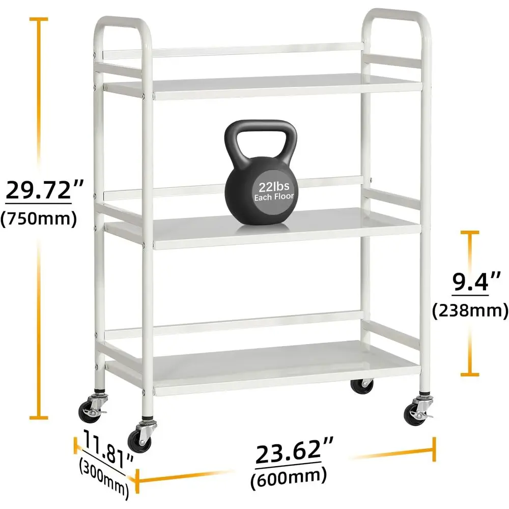 Carro rodante de metal de 3 niveles de gran capacidad con ruedas bloqueables para el hogar, la oficina, la cocina y más - Blanco