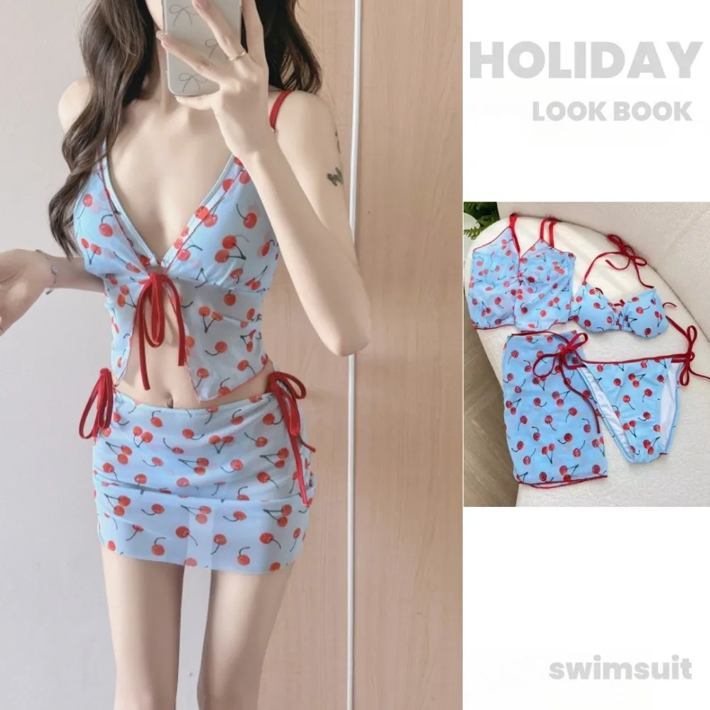 

Cover-Ups Pure Color Cherry Bikini Set V Neck Mesh Lace Up Sexy Swimwear Push Up Wrap Skirt Four Piece Set Korean Style