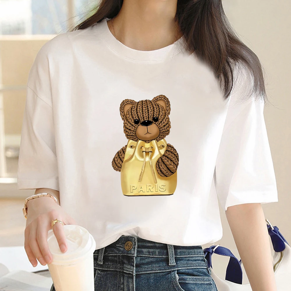 Fashion retro women's T-shirt Anime bear pattern women's clothing summer V-neck short-sleeved T-shirt Harajuku street women wear