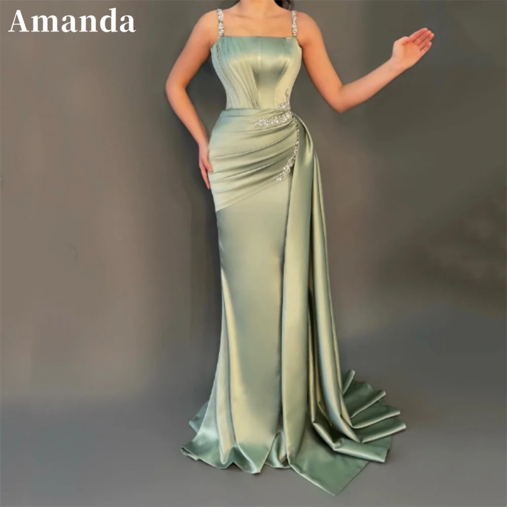 

Amanda Elegant Matcha Green Evening Dress Sexy Side Tail Mermaid Party Dress 2024 Luxury Sequins Satin فساتين مناسبة رسمية