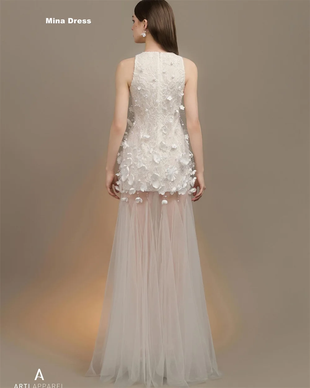 Mina Customized Simple Round Neck A-line Wedding Dress Sleeveless 3D Three-dimensional Flower Lace Floor Length Dresses Gala
