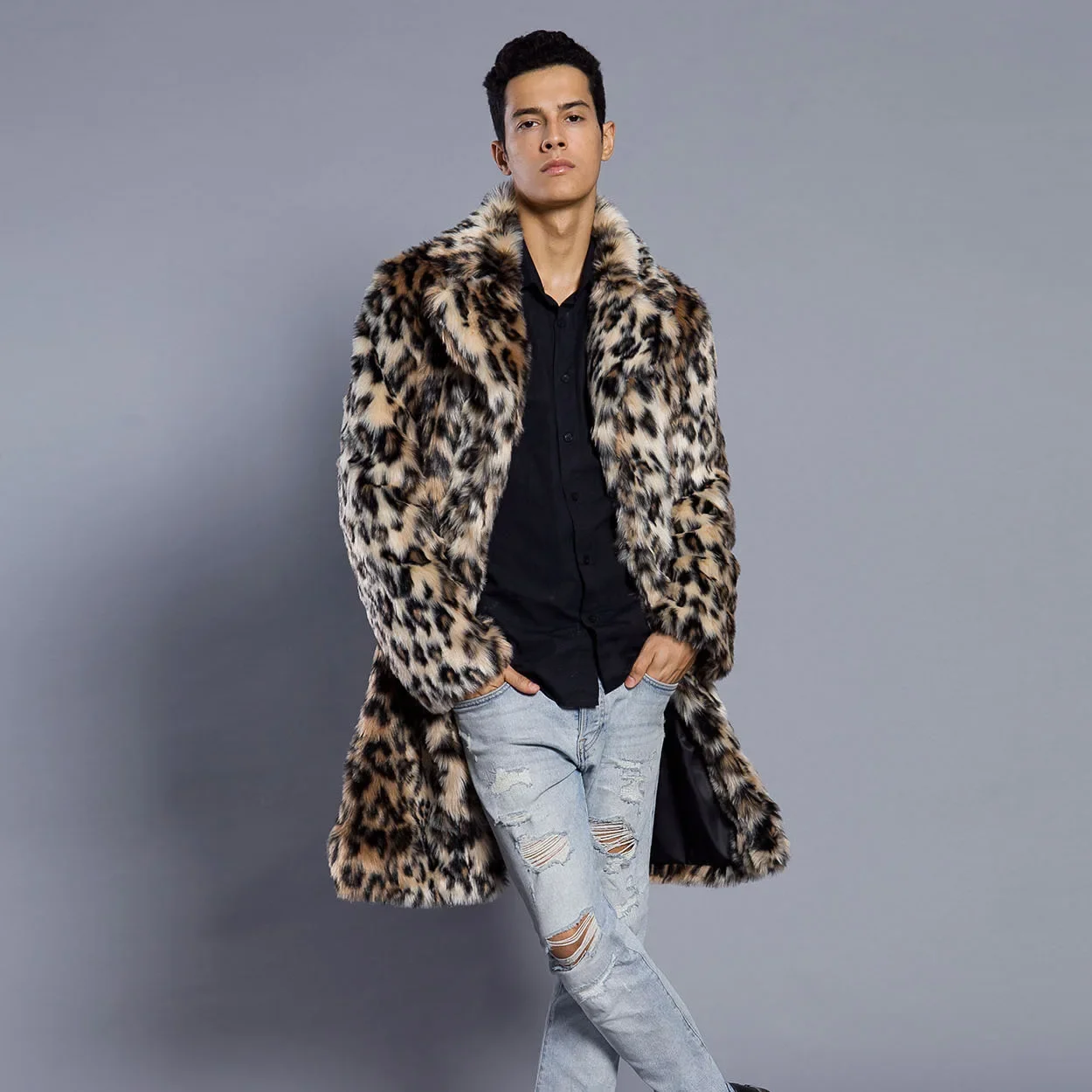 

American European 2025 Autumn Winter Male Clothes Tops Men's Leopard Casual Trendy Loose Turn-down Collar Long Sleeve Faux Coats
