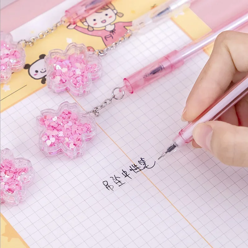 2pcs Pink Cherry Gel Pens Cute Sakura Pendant Needle Pens 0.5mm Quick Drying Ballpoint Pens Japanese Stationery Office Supplies