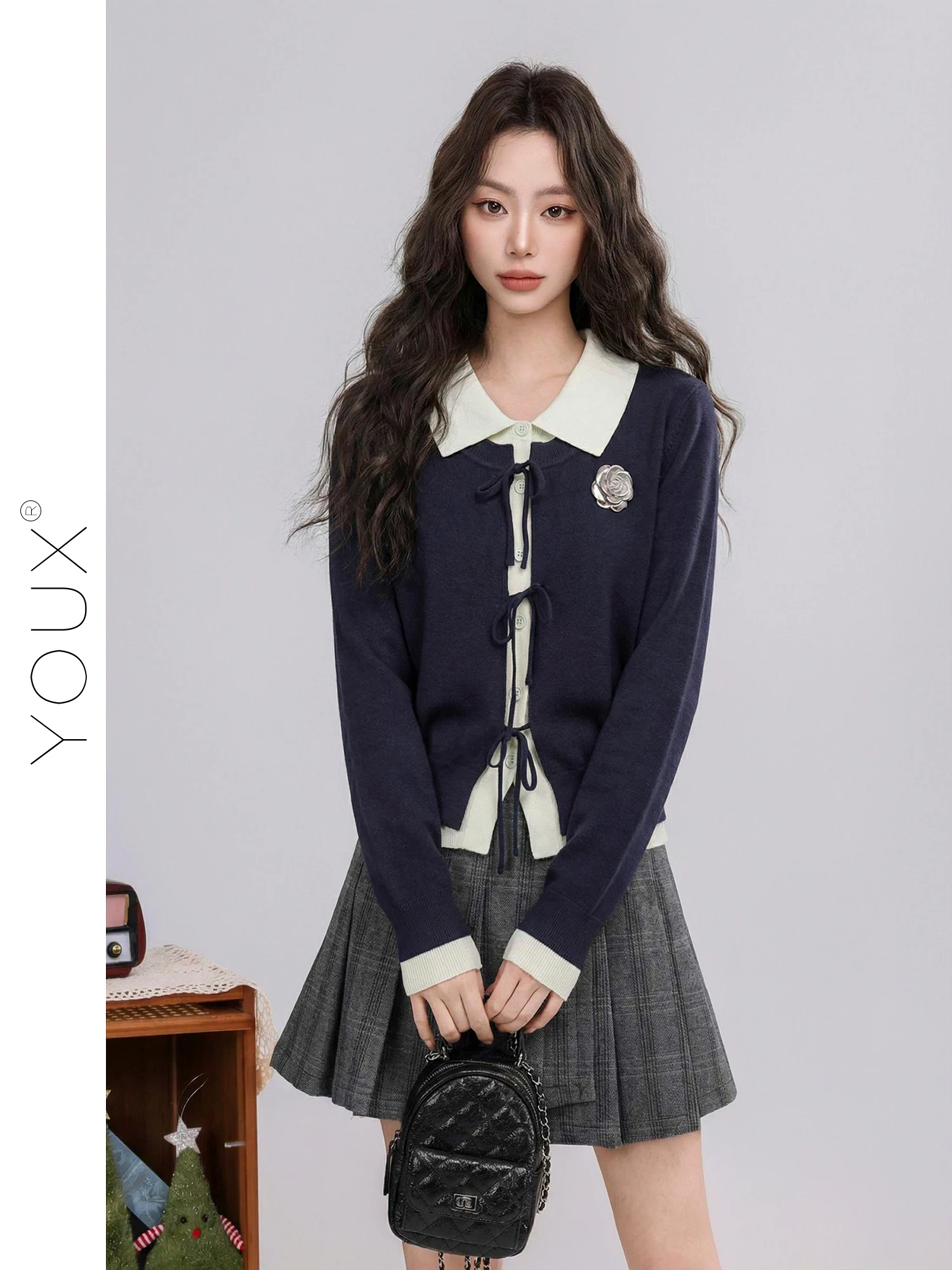 

Korean Style College Preppy Splice Knitted Sweater Women's Fake Two-Piece Spring New Cardigan Soft Straight Cut Long Sleeve