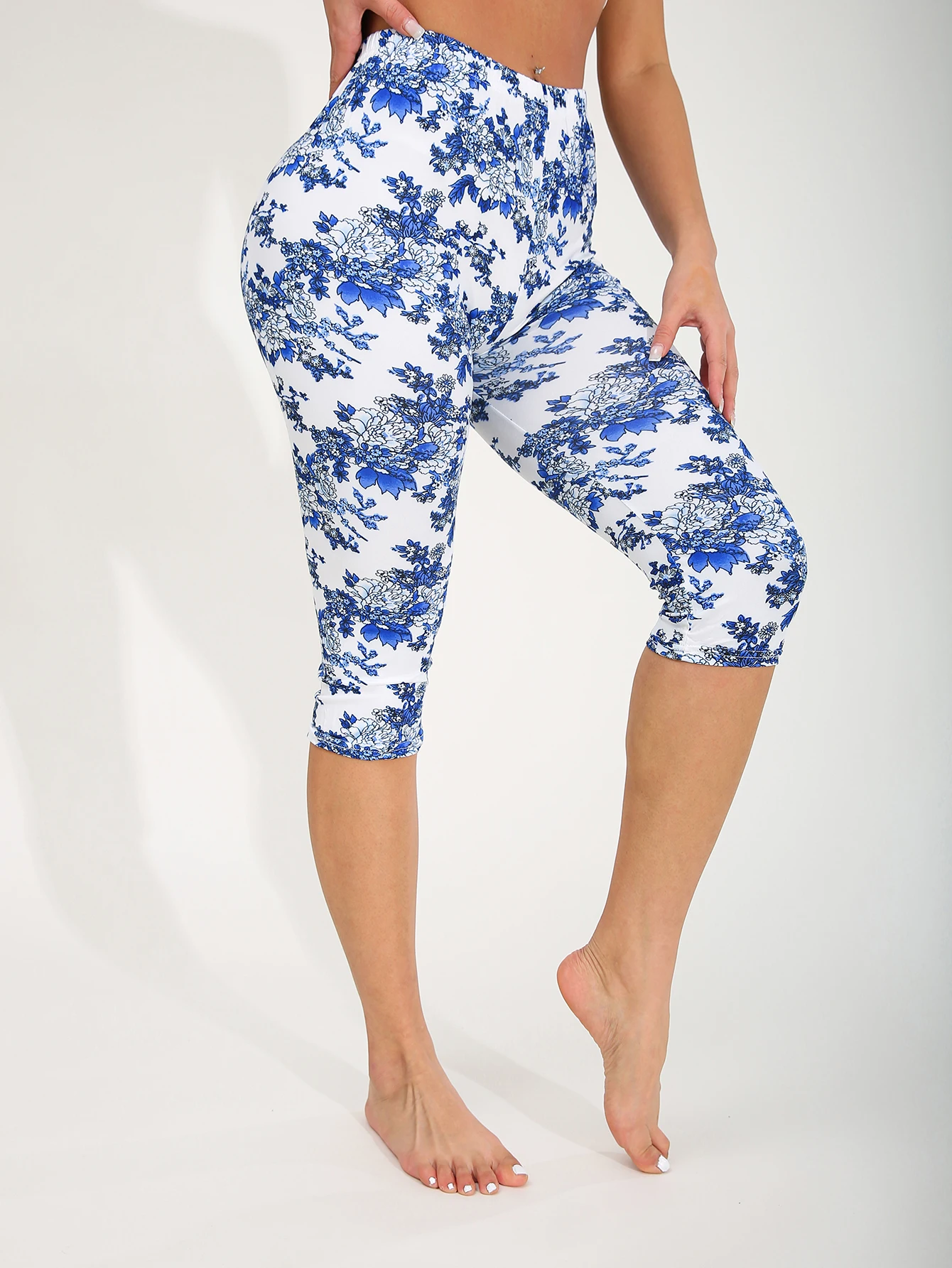 Fashionable Legging Blue White Peony Sports - Image 3