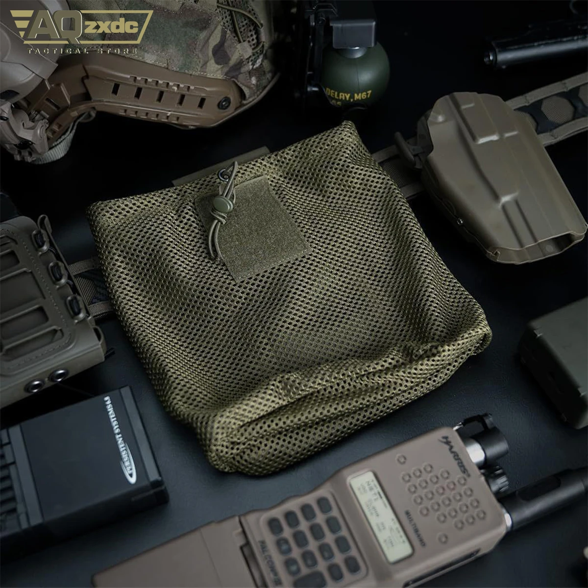 AQzxdc Tactical folding sundries storage waist bag MOLLE tactical mesh water bottle bag mesh recycling bag