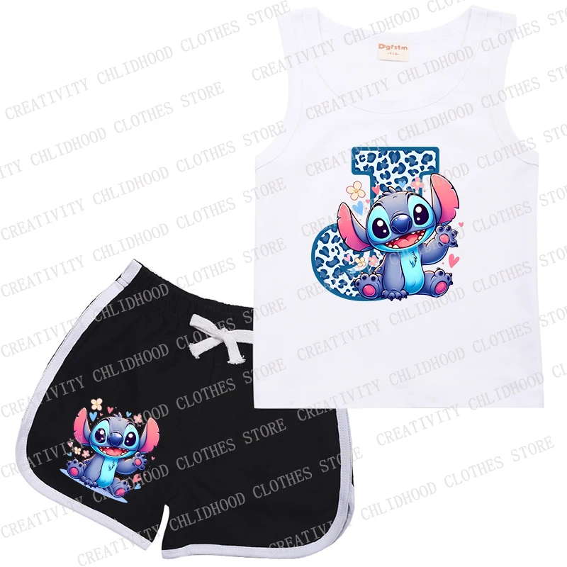 Stitch Kids Suit Disney Letter A BCD  Children New Sports Vest & Shorts Casual Clothes Sleeveless Girl Boy 2Pcs Sets Summer Wear