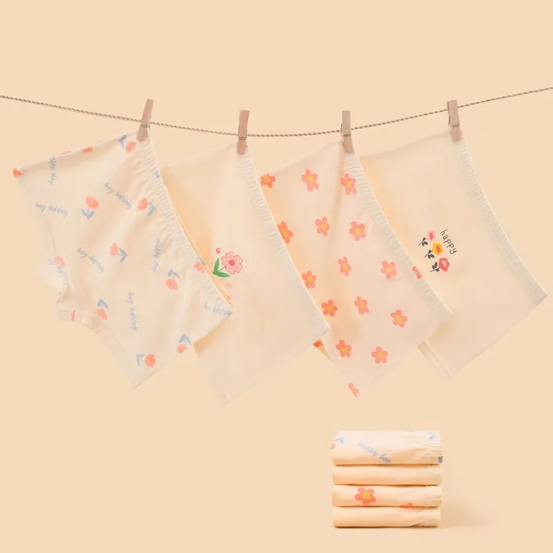 

4PCS Kids Cotton Soft Antibacterial Panties for Girls Cute Flower Print Underwear 3+y Young Children Breathable Comfort Knickers