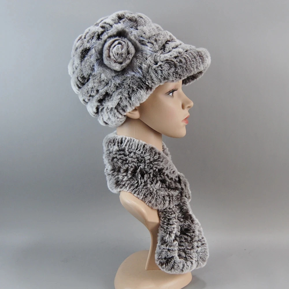 Gorro de piel de conejo Rex auténtica tejido de invierno para mujer, conjunto de bufanda, gorro de piel Natural cálido, bufanda, 2 piezas, gorro de piel auténtica de calidad para niña, silenciador