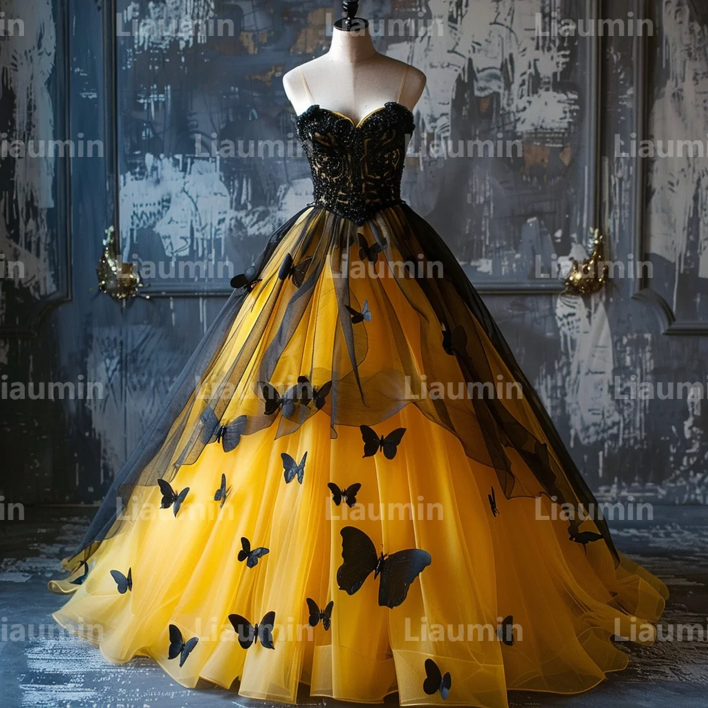 Yellow Tulle Black Butterfly Evening Dresses Bridal Gowns Floor Length Formal Brithday Party Clothing Hand Made Custom W15-32