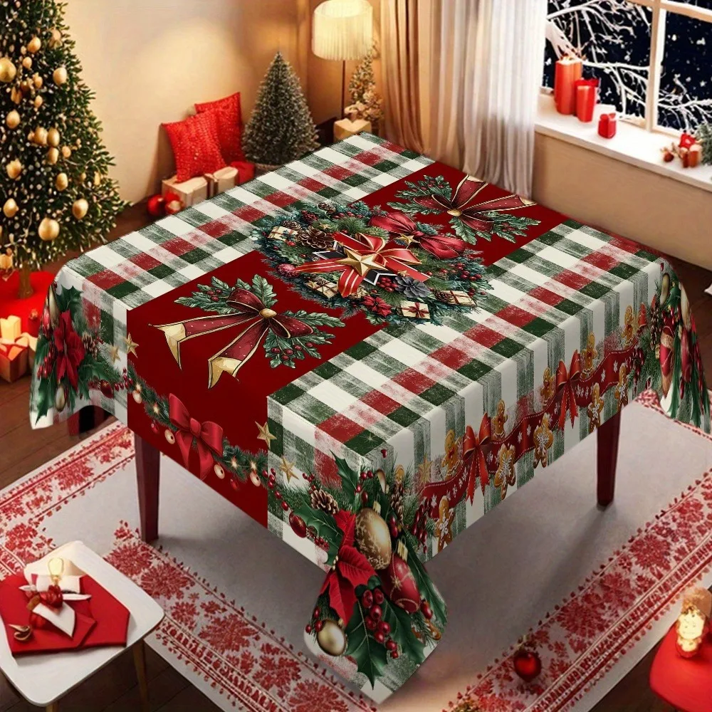 One Christmas tablecloth with red and green checkered pattern for festive dining table decoration, featuring holly and bows.zyc