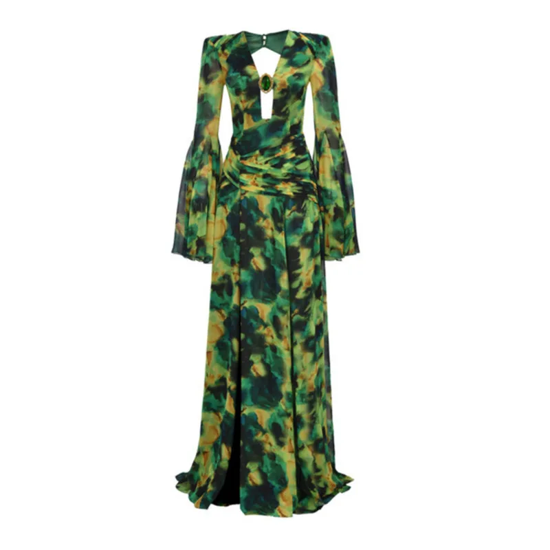 

Green Floral Dress Women Summer Sexy Evening Backless Dress Slit Speaker Loose Fitting Dress Floral V-Neck Long Sleeved Dress