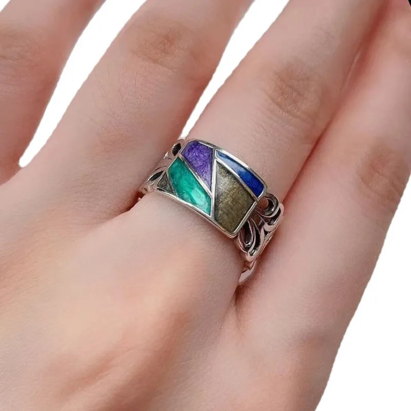 Creative Design 925 Silver Enamel Wide Style Colorful Splicing Rings for Women Exquisite Art Style Ring Banquet Jewelry Gift