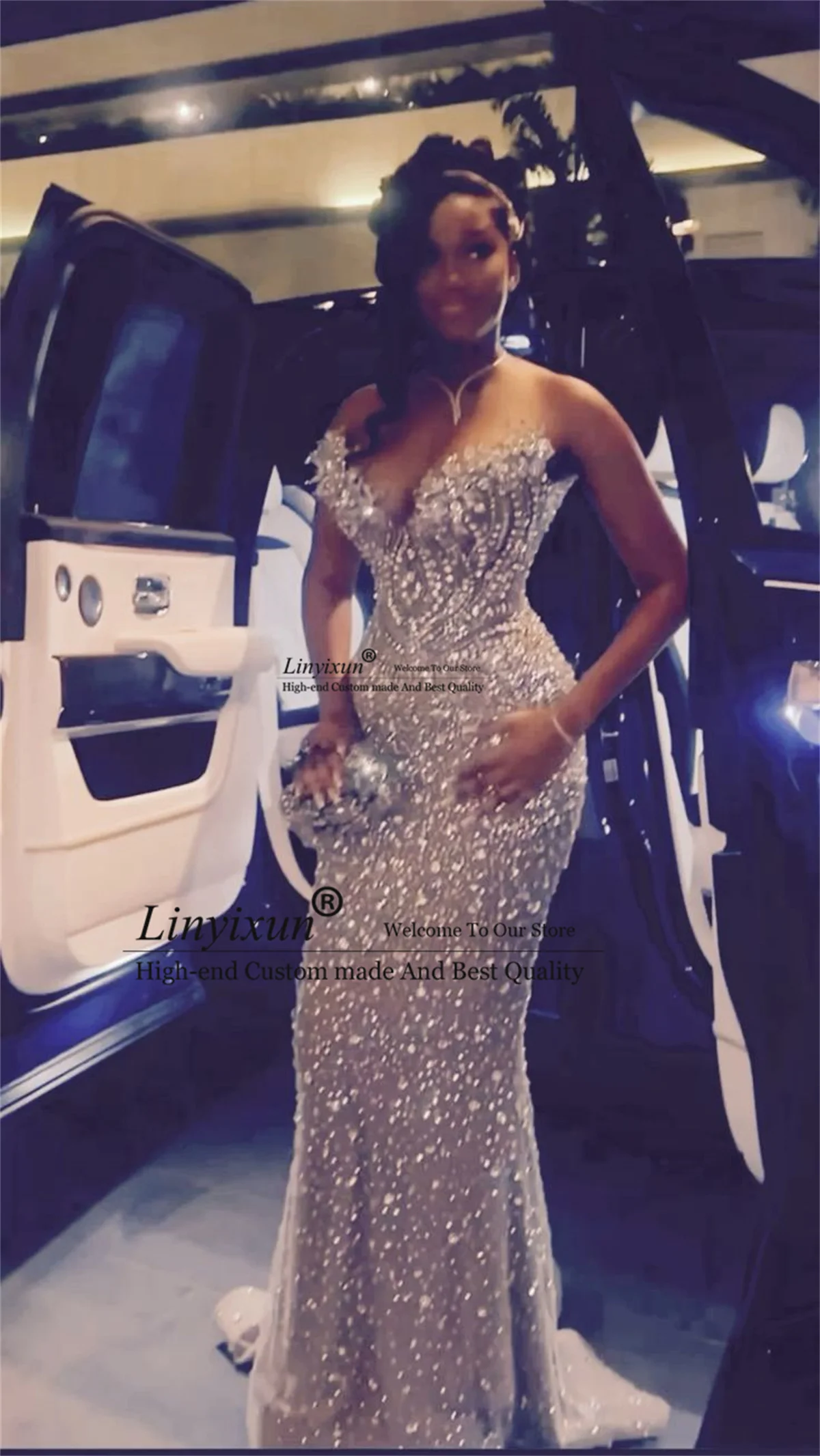 Sparkly Sequin Crystals Mermaid Prom Dresses Customized Black Girl Long Evening Party Gown Aso Ebi Long Wedding Party Dress view 3