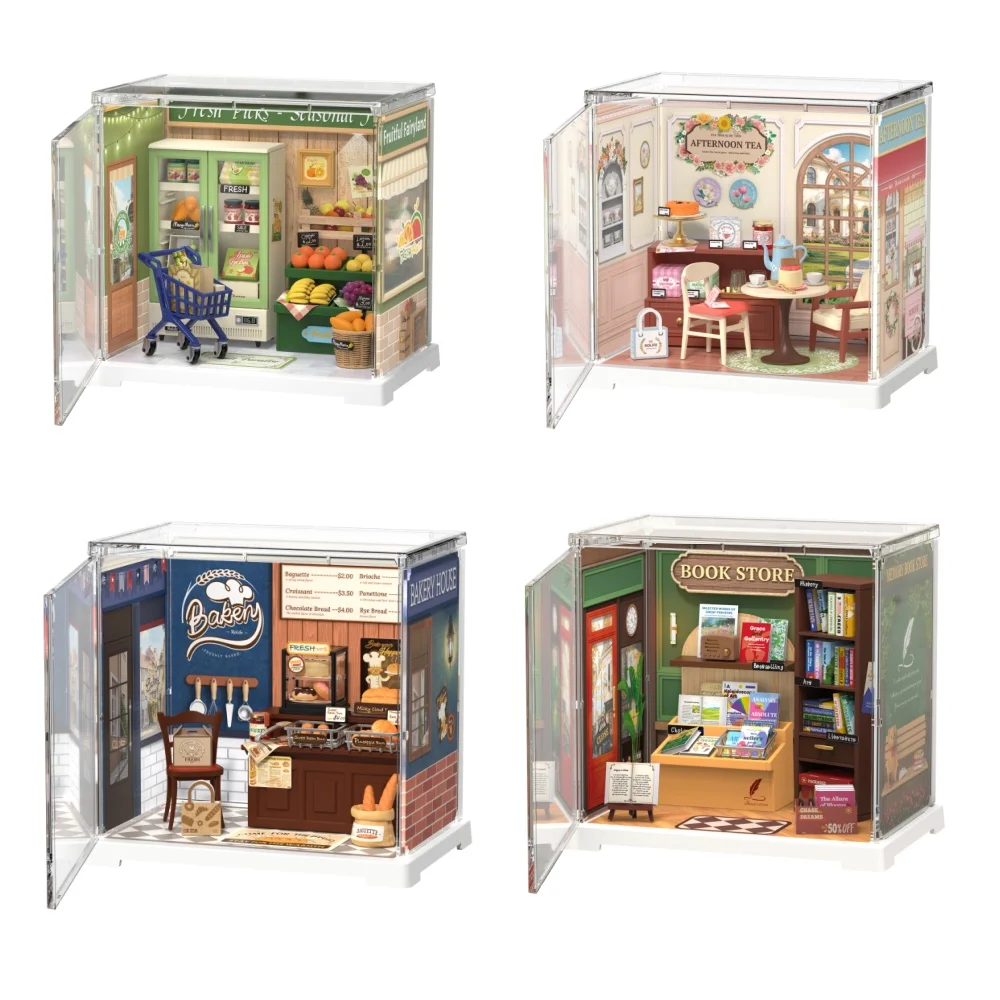 Robotime Rolife Plastic House Building Set Toy DIY Miniature Dollhouse Playset with LED for Mini Toys Gifts for Teens Adults DWS