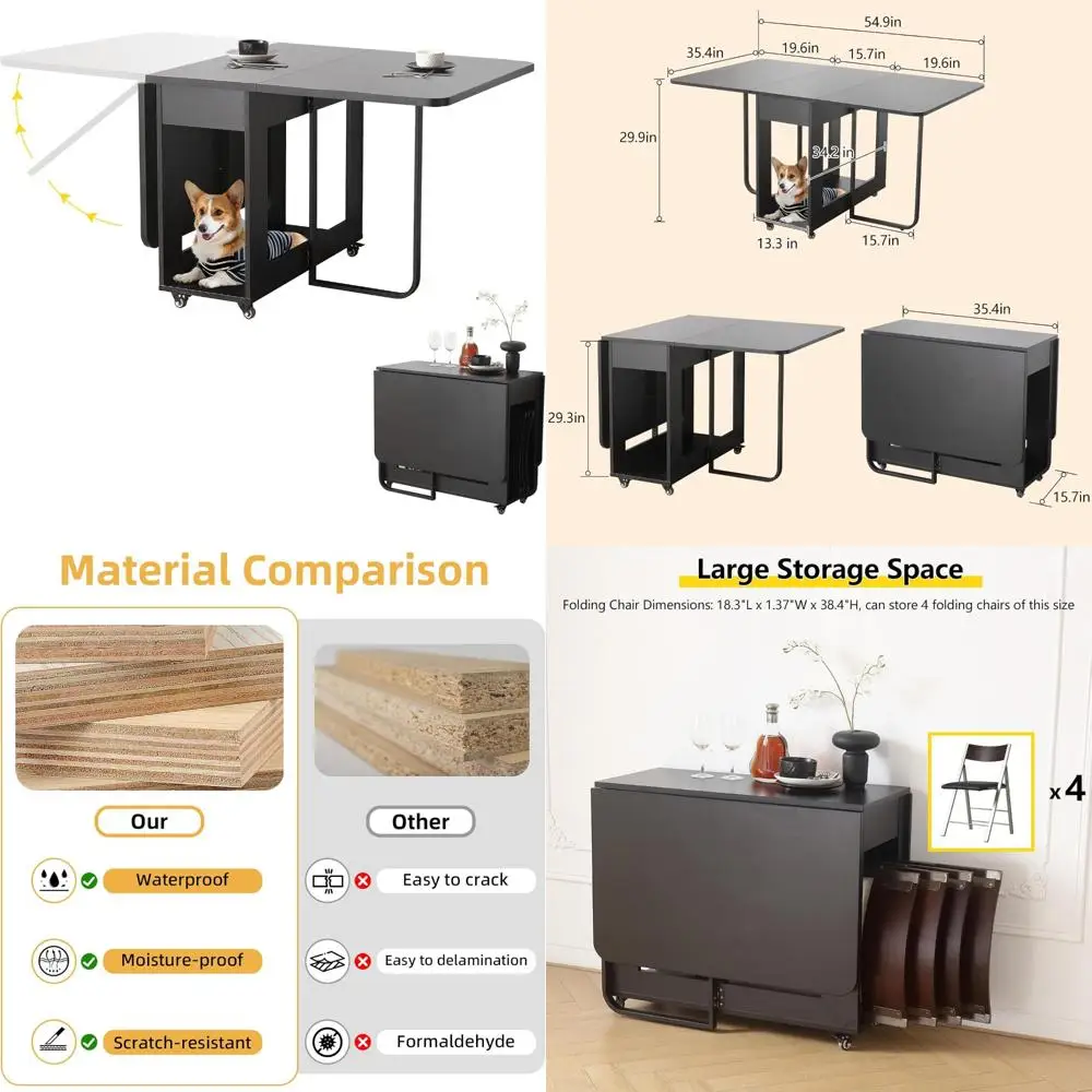 Space-Saving Folding Dining Table with Storage, Seats 4-6, Drop Leaf Design, Lockable Wheels, Heavy Duty Plywood Construction