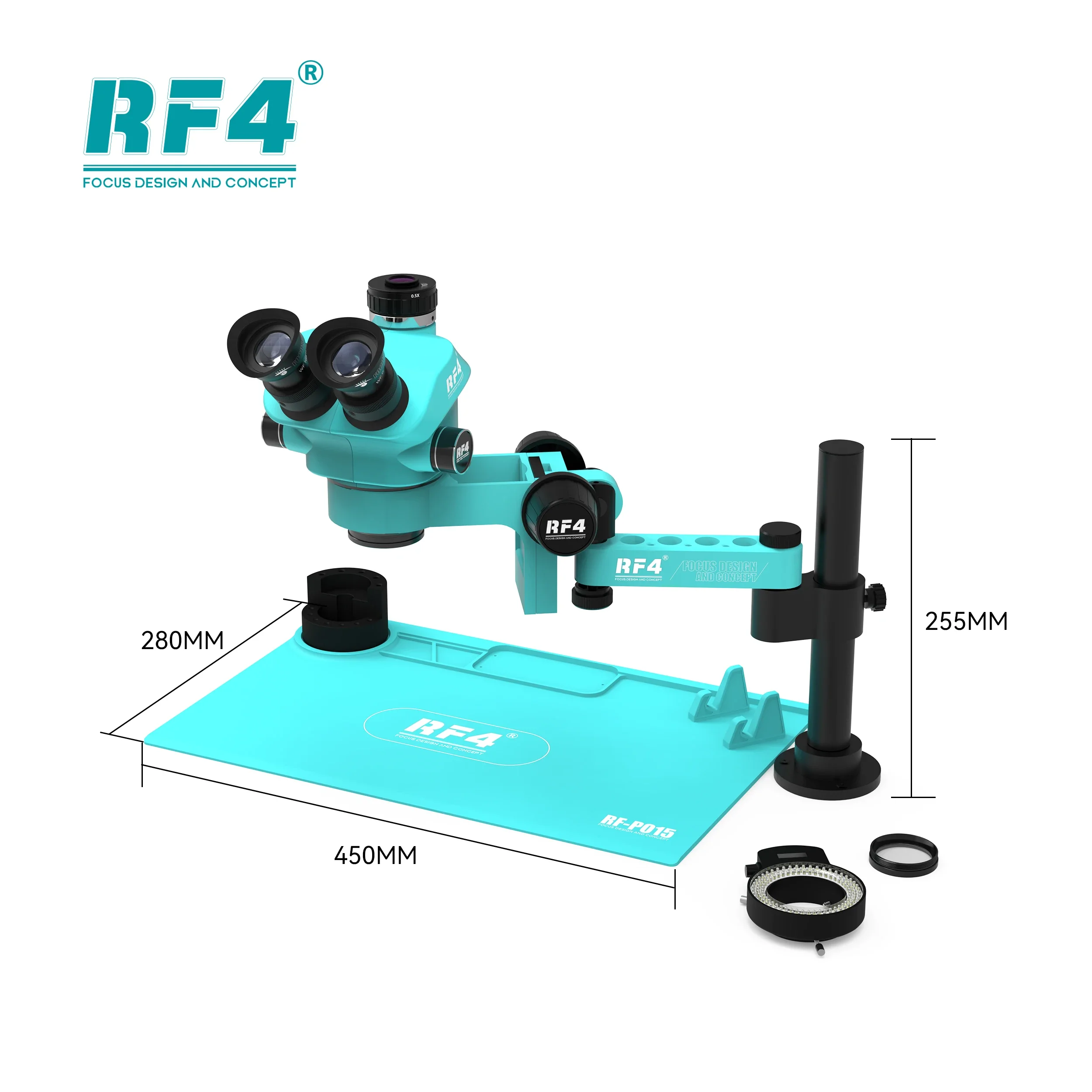 RF4 nowy zestaw mikroskop Stereo trójokularowych składanych ramię wahadłowe z mata silikonowa izolacyjnym do profesjonalnej naprawy lutowania PCB