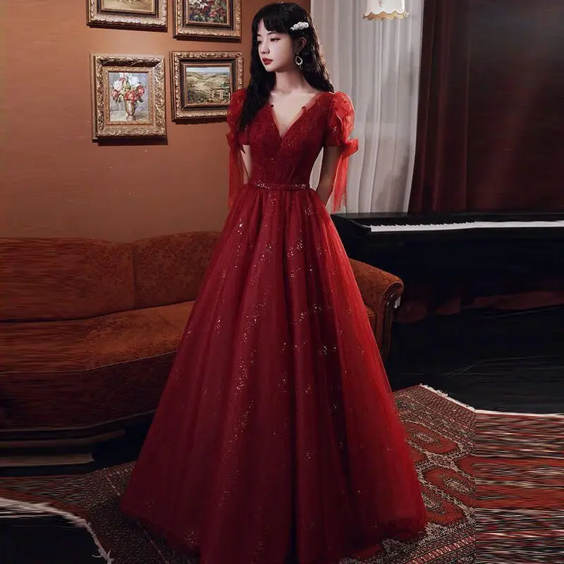 

Elegant Red Wedding Dress for Bride Birthday Celebration Dinner Party High Quality Short Sleeve Chest Typelegant Style New 2023