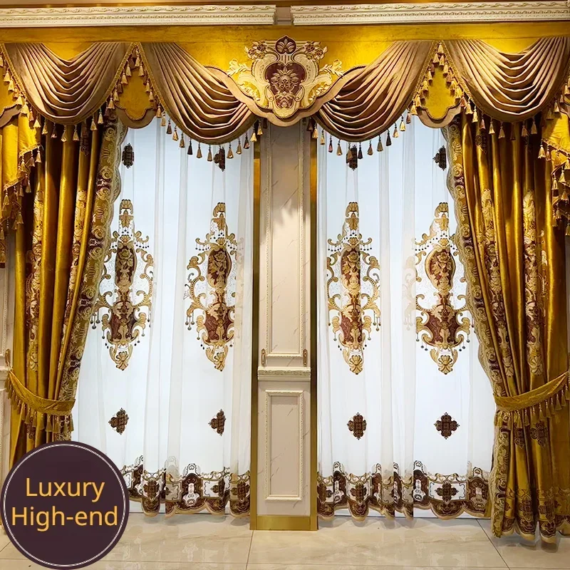 

New European Gold Velvet Curtains for Living Room Bedroom Villa American High-end Embroidery Luxury Blackout Valance Customize