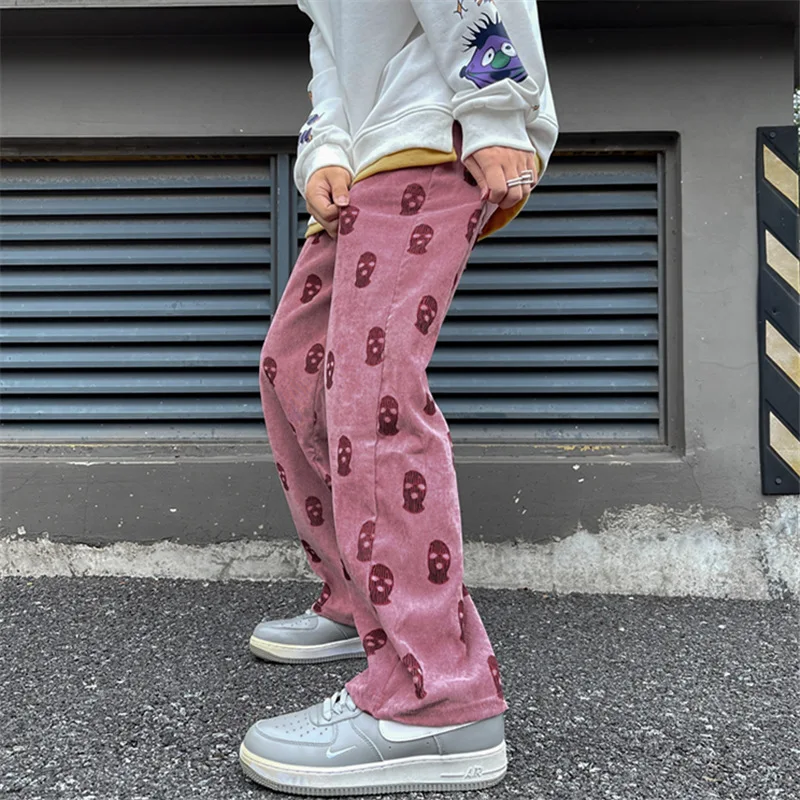 

2021 Preppy Style Skull Full Print Drawstring Casual Corduroy Men Baggy Pants Hip Hop Straight Sweatpants Male Loose Trousers