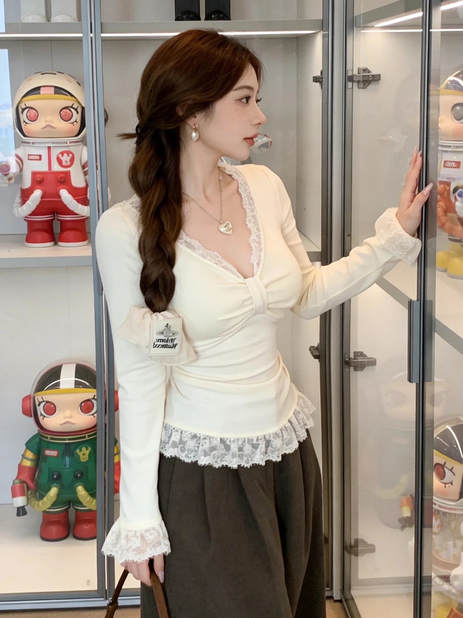 plus Size Lace Splice Slim Fit Long Sve T-irt Women's Winter Faion Versatile Base Layer Top Korean Sle Commute Wind