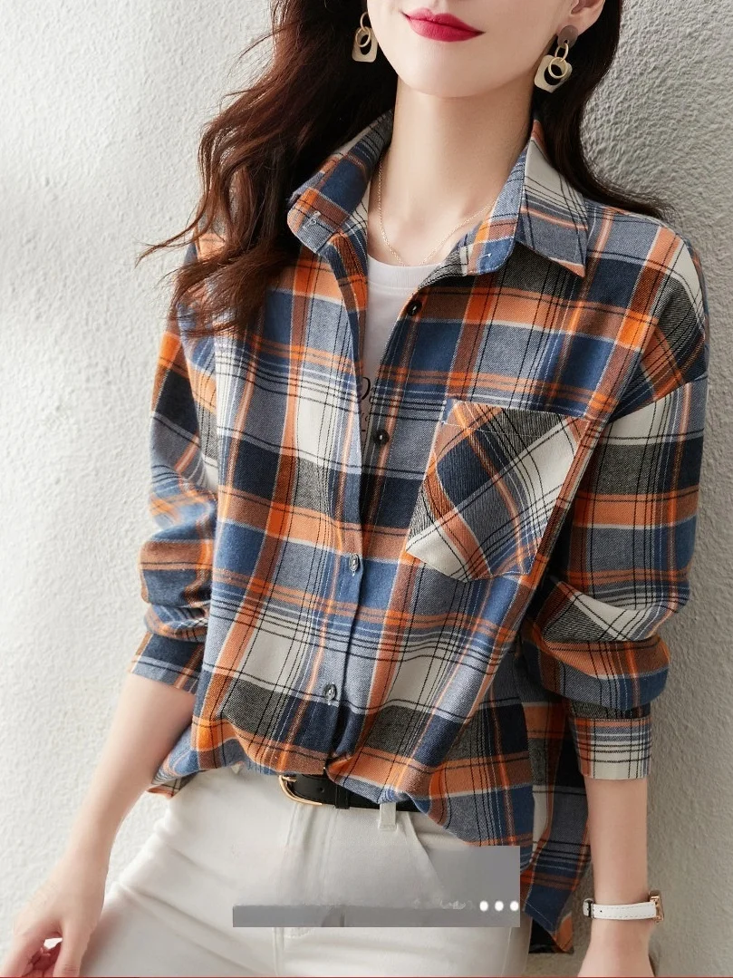 

Outlets Women's Spring Autumn Korean Faion Versatile Loose Plaid irt Outerwear Polyester Cotton Blend Long Sve Co...