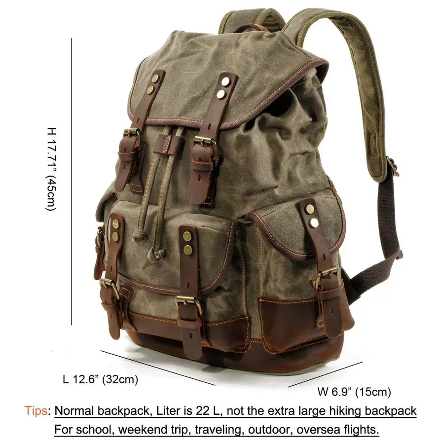 メンズトラベルバックパック、本革ワックスキャンバスショルダーハイキングリュックサック