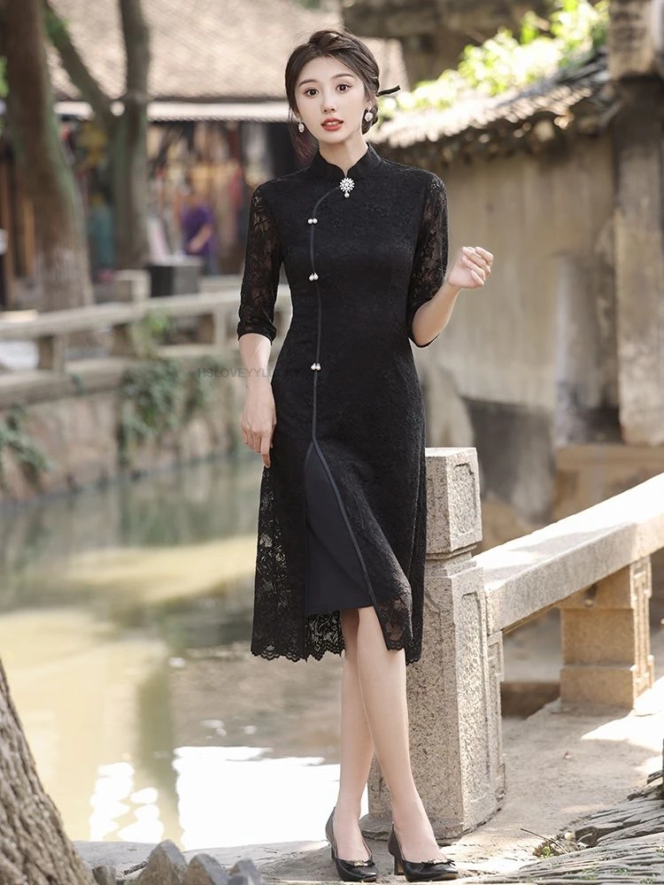 

Lace A-line Cheongsam Dress mid-length Vintage New Chinese Daily Temperament Vietnam Traditional Ao Dai Dress Cheongsam