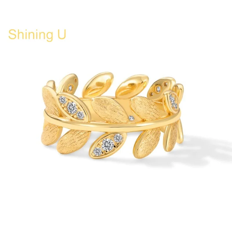 

Shining U S925 Silver Leaves Ring for Women Gold Plated Fine Jewelry Summer