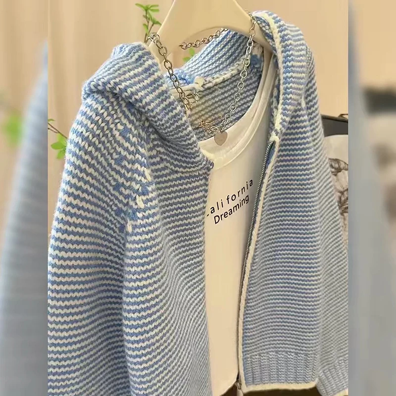 Cozy Blue Striped Women Hooded Cardigan Zip Up Oversized Knit Sweater Fall Winter Preppy Y2K Casual Long Sleeve Jacket Top
