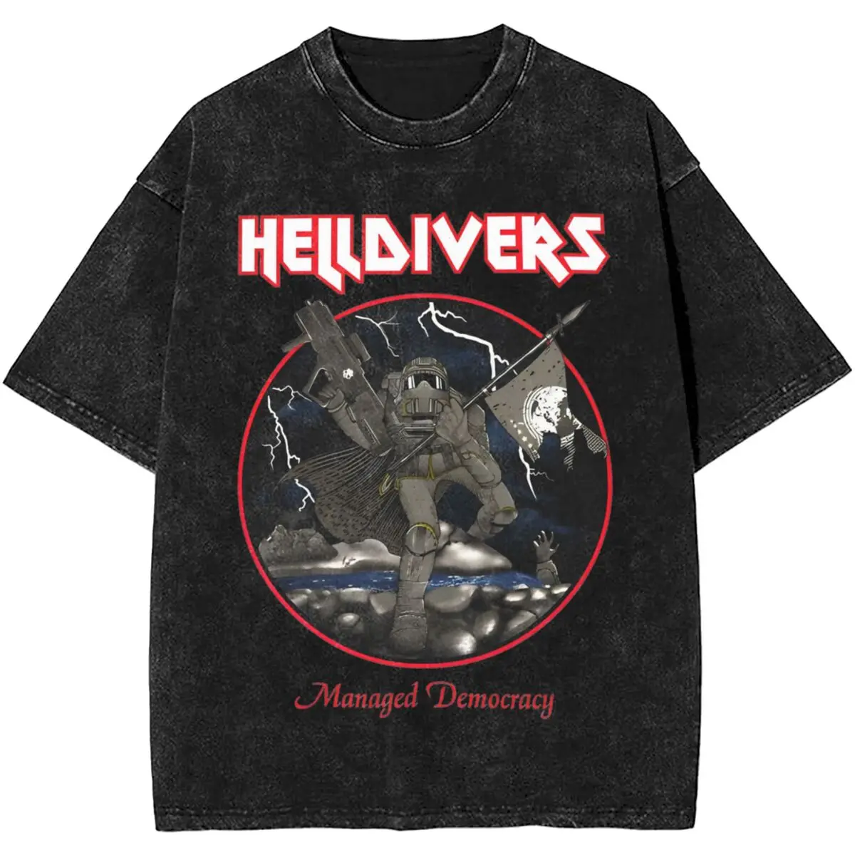 Helldivers 2 Automatons Managed Democracy Outfit Washed T Shirts Streetwear Novelty T-Shirt Video Gaming Helldivers Skull Tees