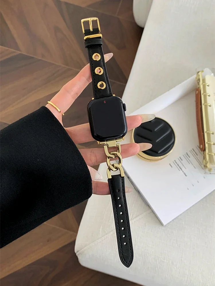 

Luxury Design Metal Real Leather Band For iWatch Series 8 7 6 5 4 3 SE Women Slim Strap For Apple Watch 41mm 40mm 45mm 44mm 49mm