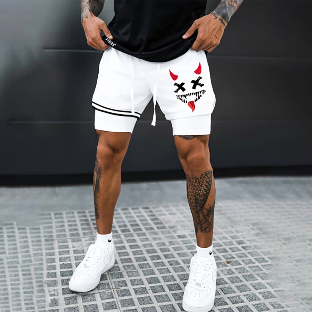 Men\'s Smiley Printing Performance Shorts Breathable Drawstring Double Layer Male Causal Sports Jogging Exercise Short Pant S-3XL