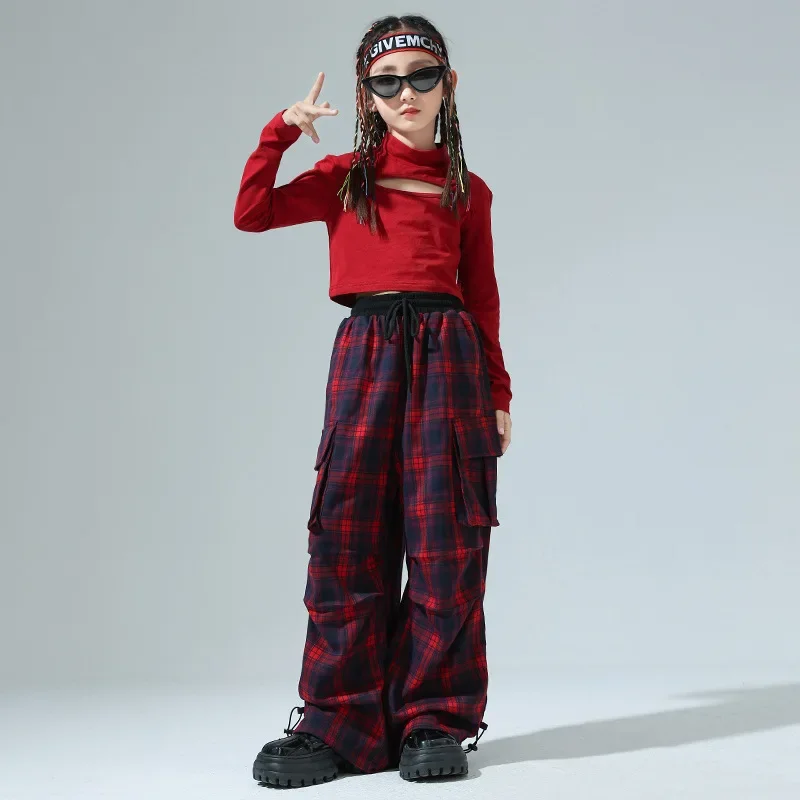 Abbigliamento da ballo Hip Hop per bambini Top corto per ragazze Pantaloni scozzesi Set di abbigliamento per pratica jazz Moda maniche lunghe Vestito da ballo di strada Rave