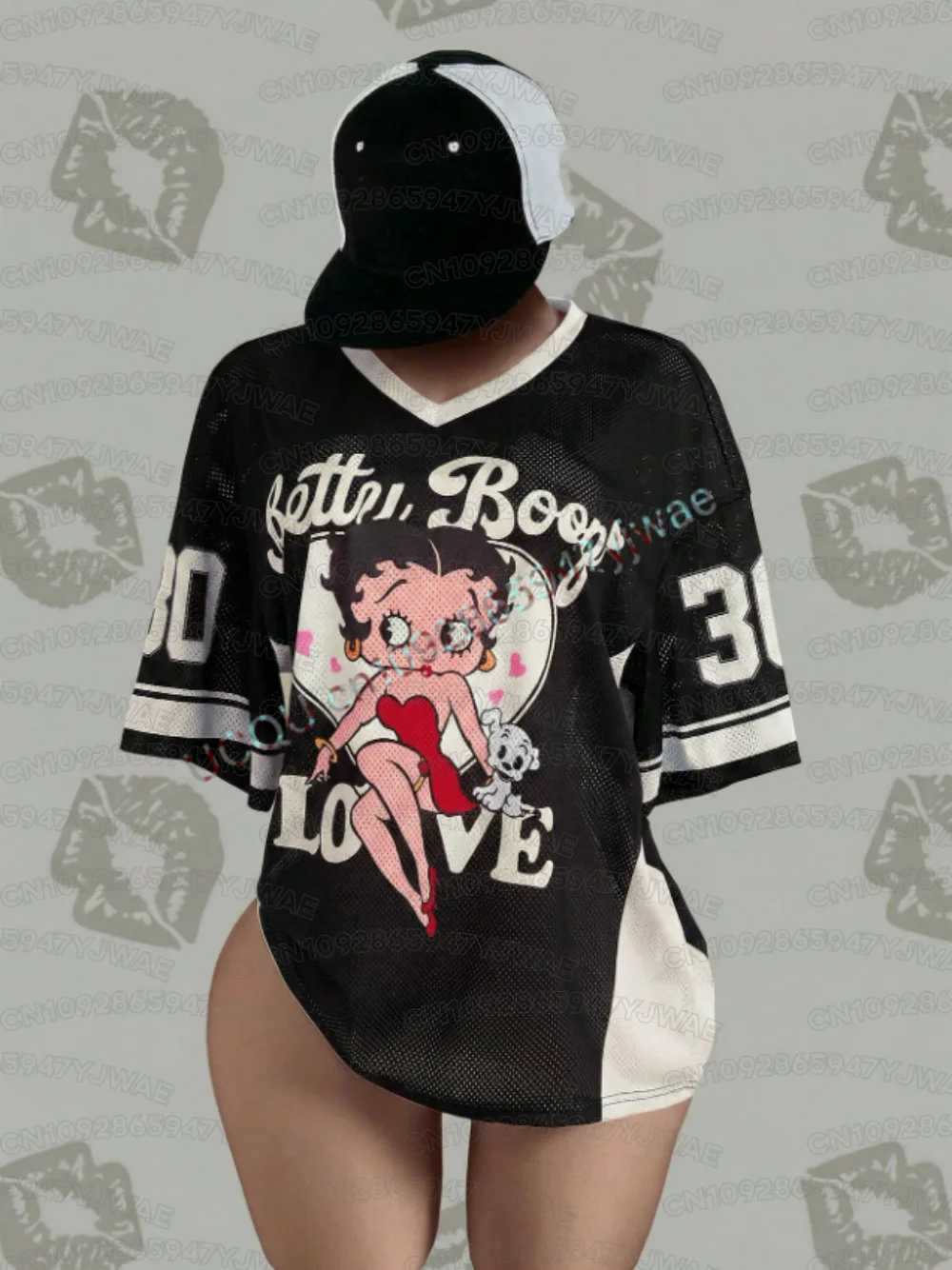 Sommer Damen- und Herren-T-Shirt mit Cartoon-Betty-Boop-Print, V-Ausschnitt, Grafik-Design, Fußballtrikot, Übergröße, Sport-T-Shirt, Kurzarm-T-Shirt – Detail 10