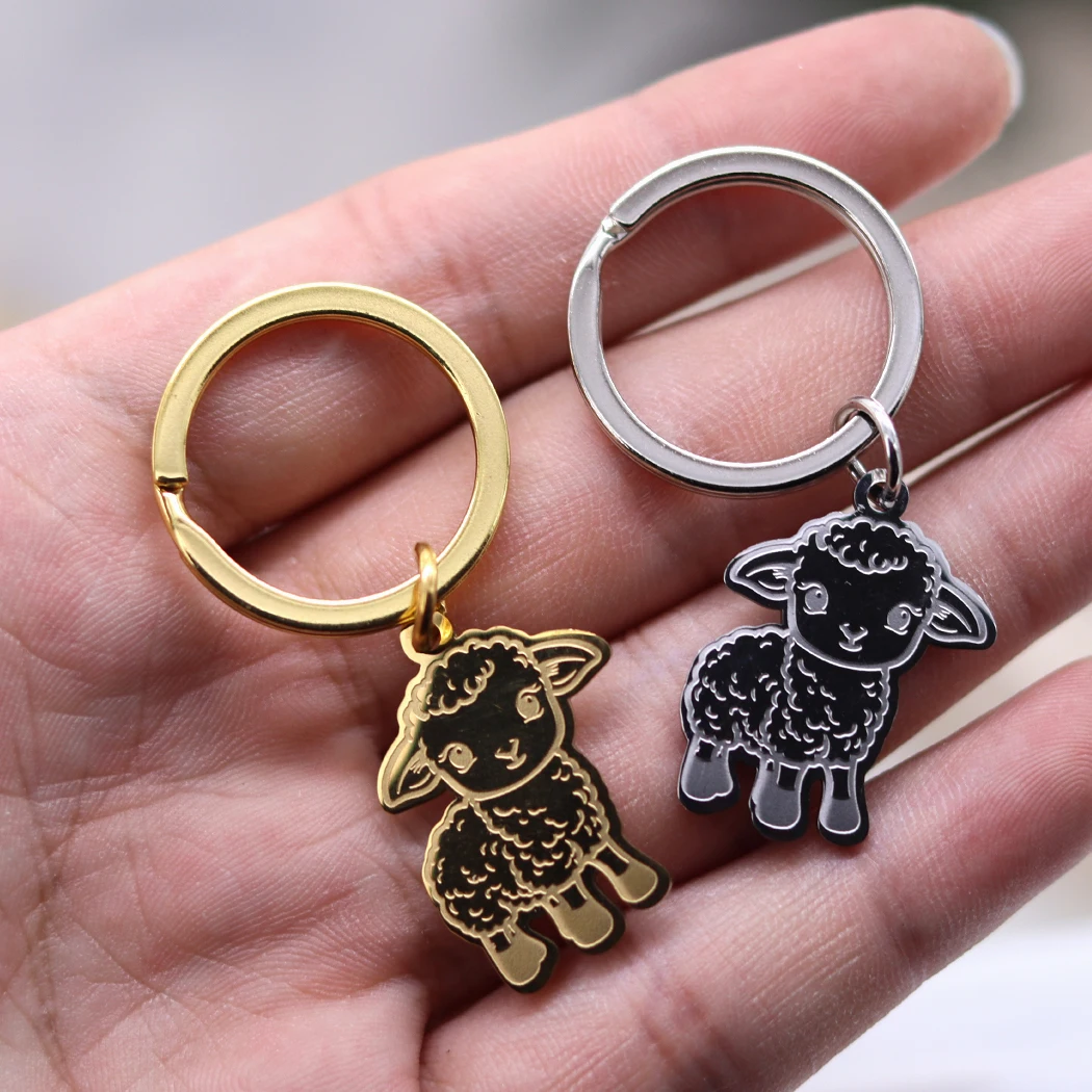 Stainless Steel Lamb Animal Sheep Keychains Women Fashion Cartoon Jewelry Silver Key Ring Birthday Gift