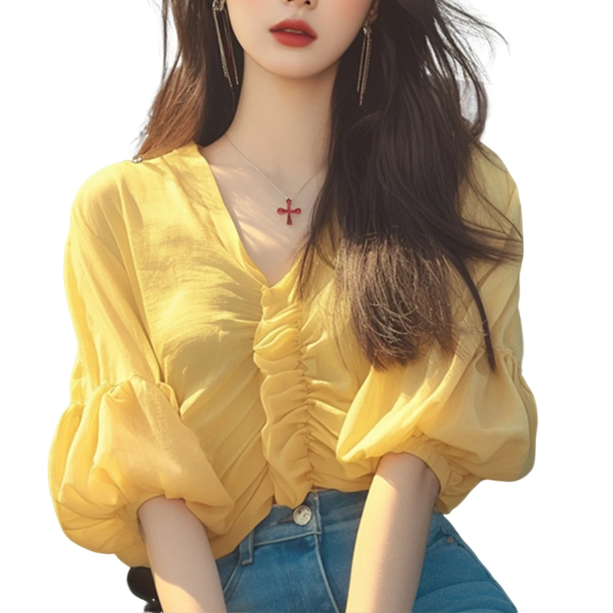 Mousseline de soie irt 2025 nouveau Sle jaune v-ne plissé bulle Sve haut Ele belle petite Blouse trajet Sle couleur Pure